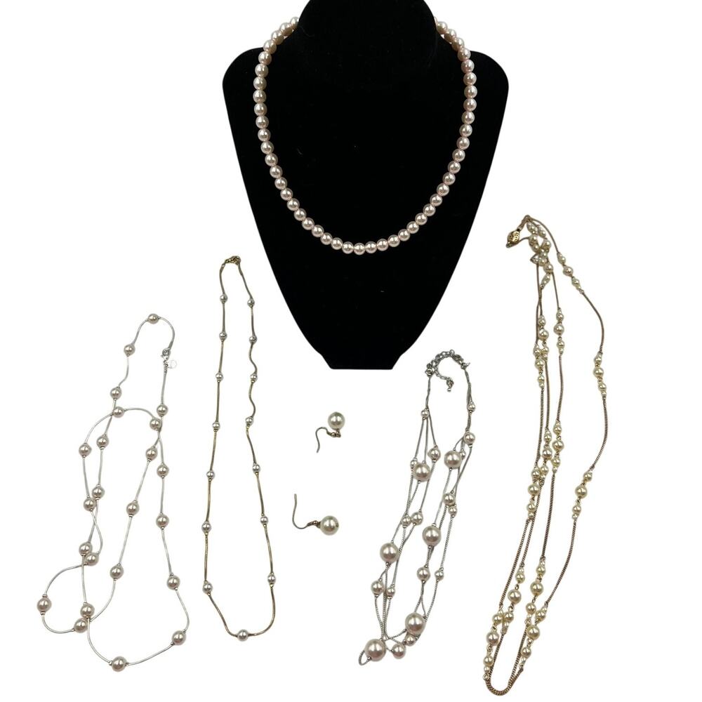 Vtg Lot Fashion‎ Costume Jewelry Faux Pearl Silver & Gold Tone Layer Necklaces 5